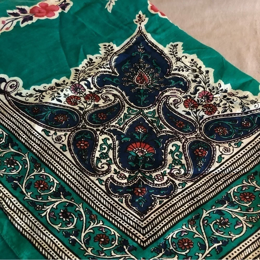 WRAP/SCARF. Floral.  Green with pink flowers and jewel tone paisley edge   OS - Picture 5 of 6